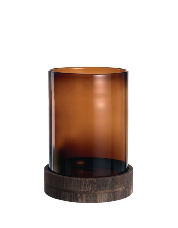 Terra , Photophore en verre marron & socle en bois 38 cm