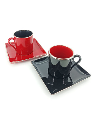 Style Memphis Sottsass Coffret 2 Tasses à café avec sous-tasse rouge et noir