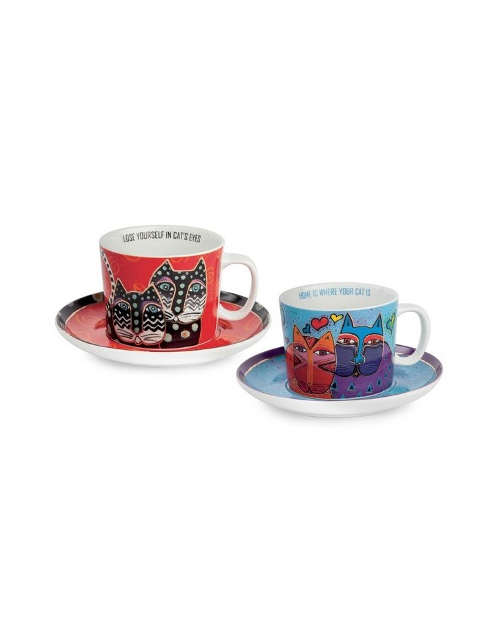 Egan : Laurel Burch Chats bleu/rouge, Set 2 tasses à thé